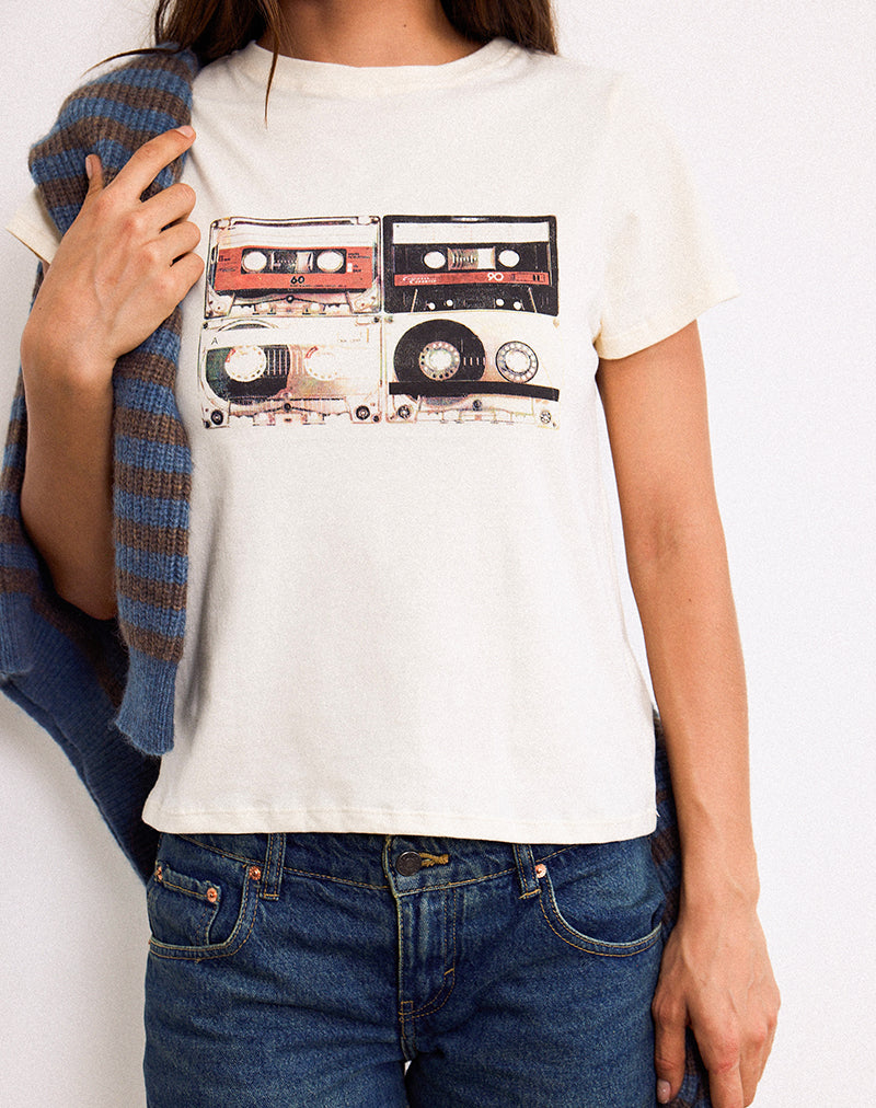 Image of Saki Tee in Ivory with Retro Cassette Motif