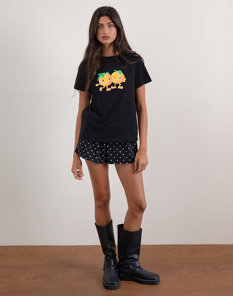 Saki Tee in Black with Printed Squeeze Me Orange