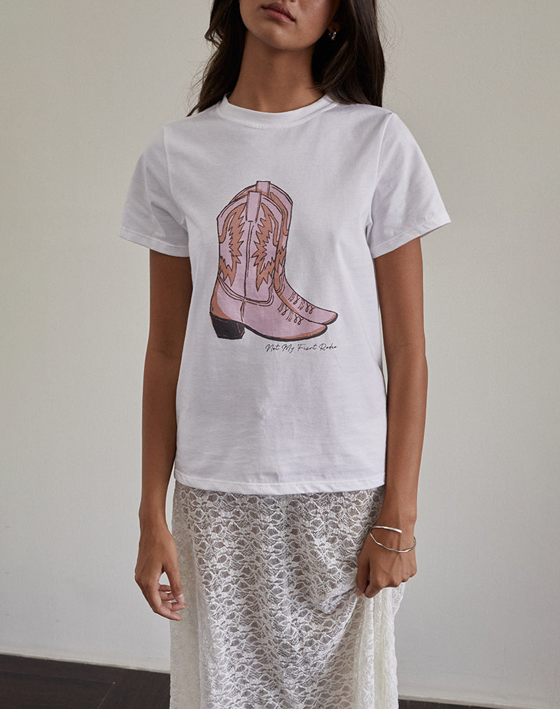 Image of Saki Tee in White with Pink Cowboy Boot Print