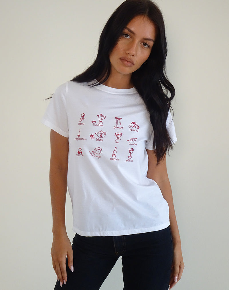 Image of Saki Tee in White with Red Star Signs Print