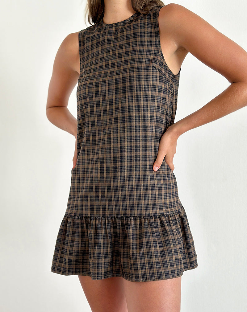 Image of Samana Babydoll Mini Dress in Check Dark Brown