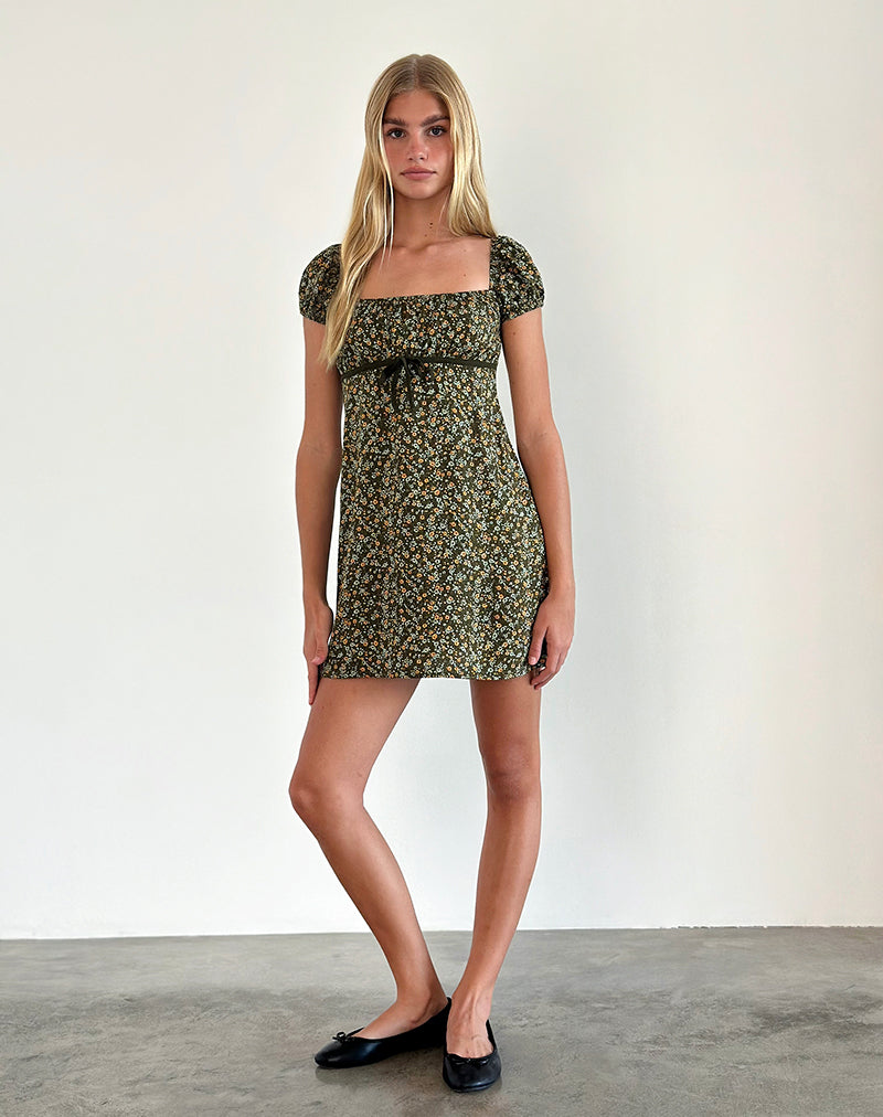 Image of Savio Mini Dress in Grunge Floral Khaki