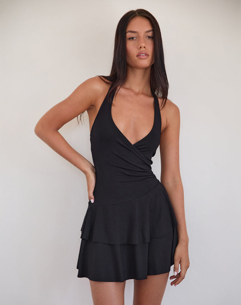 Semary Plunge Wrap Mini Dress in Black