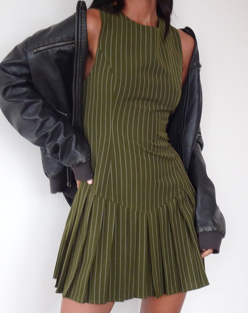 Image of Semasa Mini Dress in Khaki Pinstripe