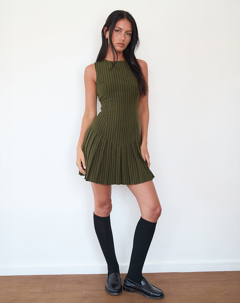 Image of Semasa Mini Dress in Khaki Pinstripe