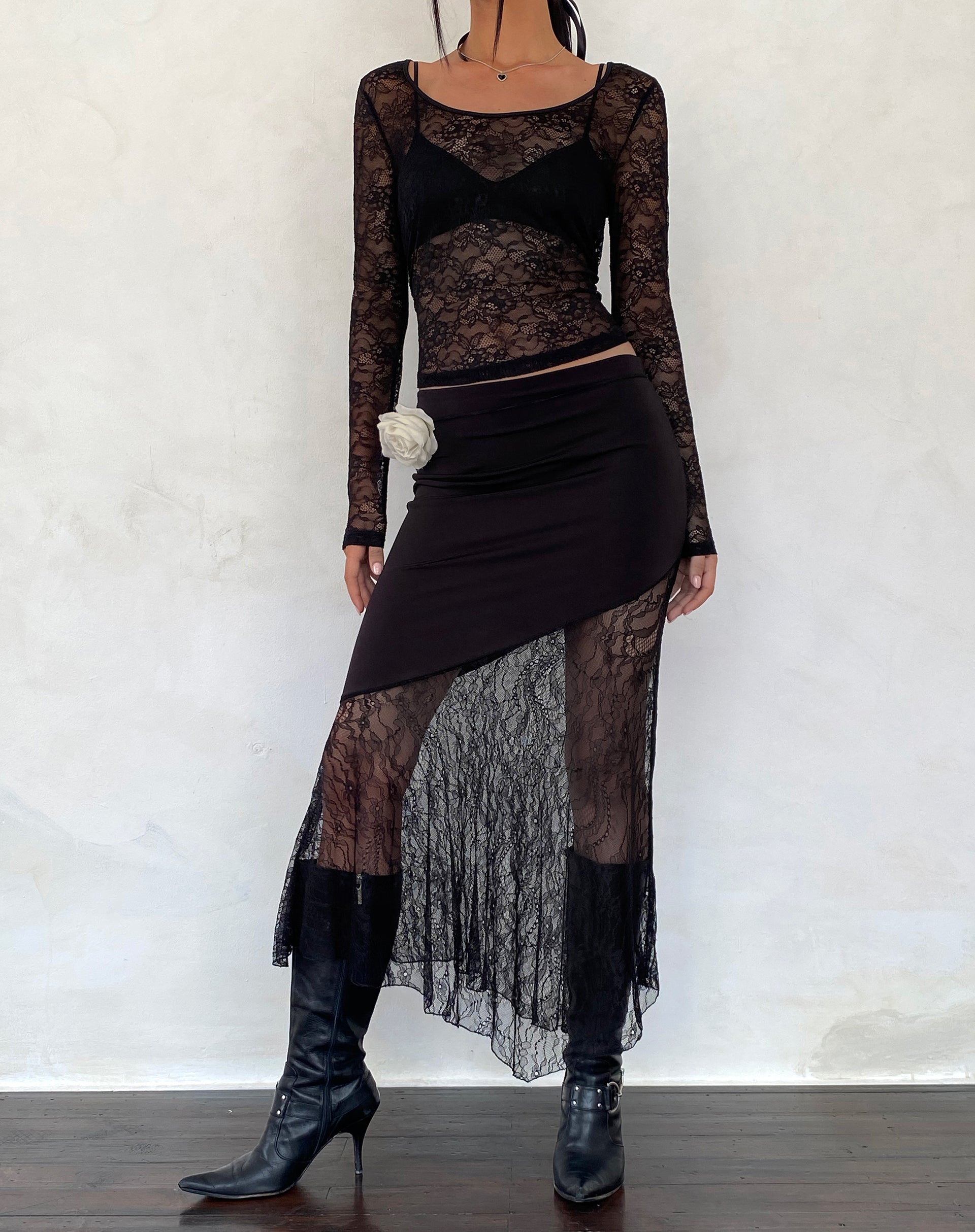 Black Lace Panel Maxi Skirt  Seraphina –