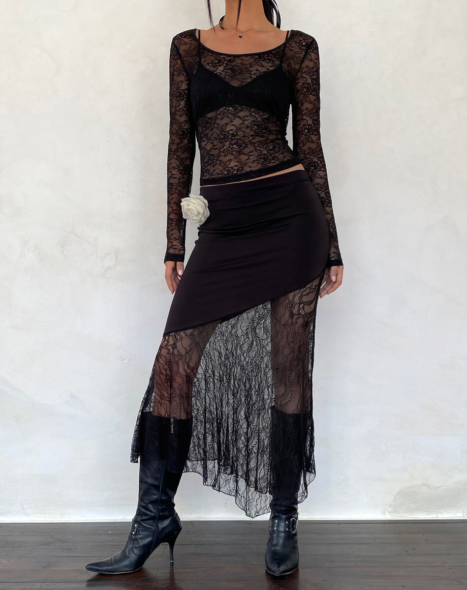 Black Lace Panel Maxi Skirt | Seraphina – motelrocks.com