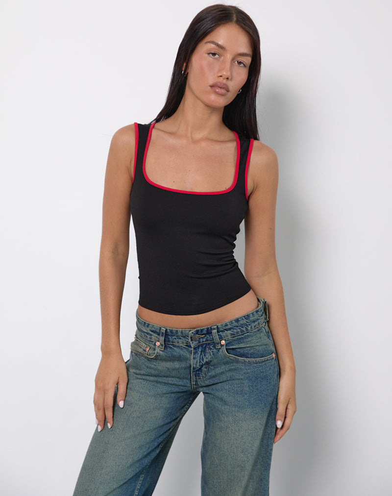 Shajani Top in Black with Red Binding