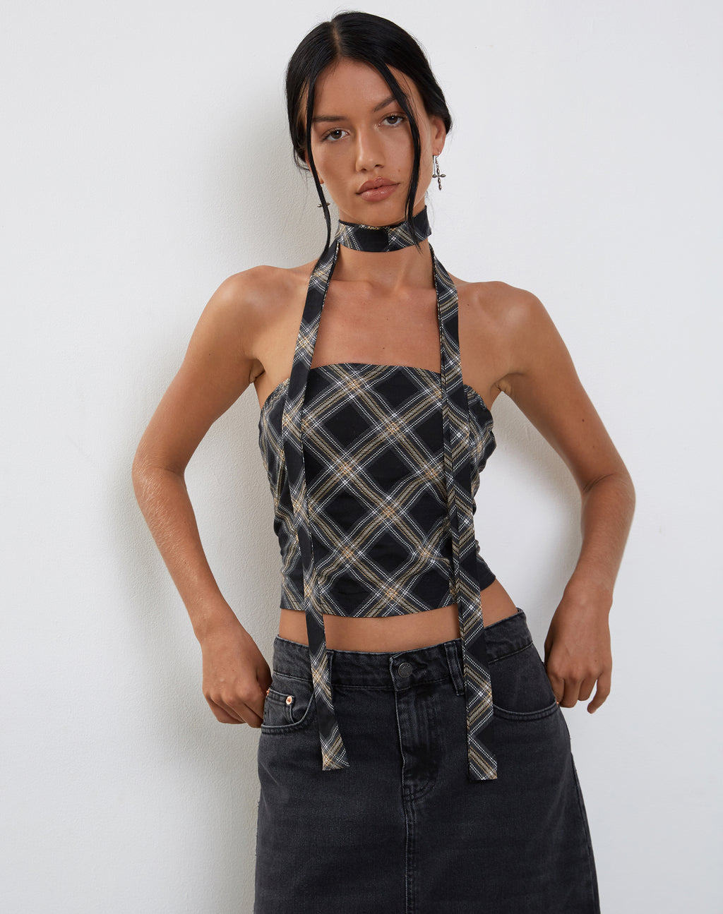 Shaloe Bandeau Top and Scarf Set in Black and Grey Check