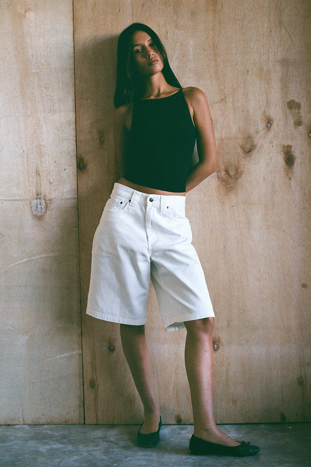 Low Rise Denim Skater Shorts in True White