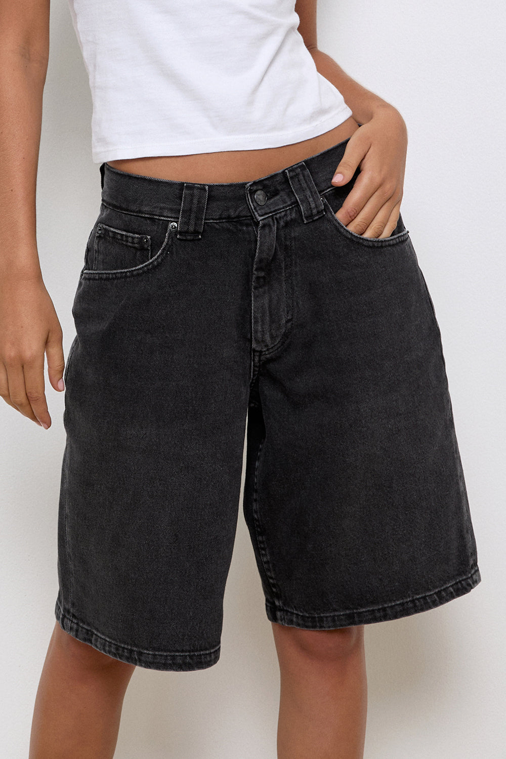 Image of Low Rise Skater Shorts in Washed Black Grey Denim