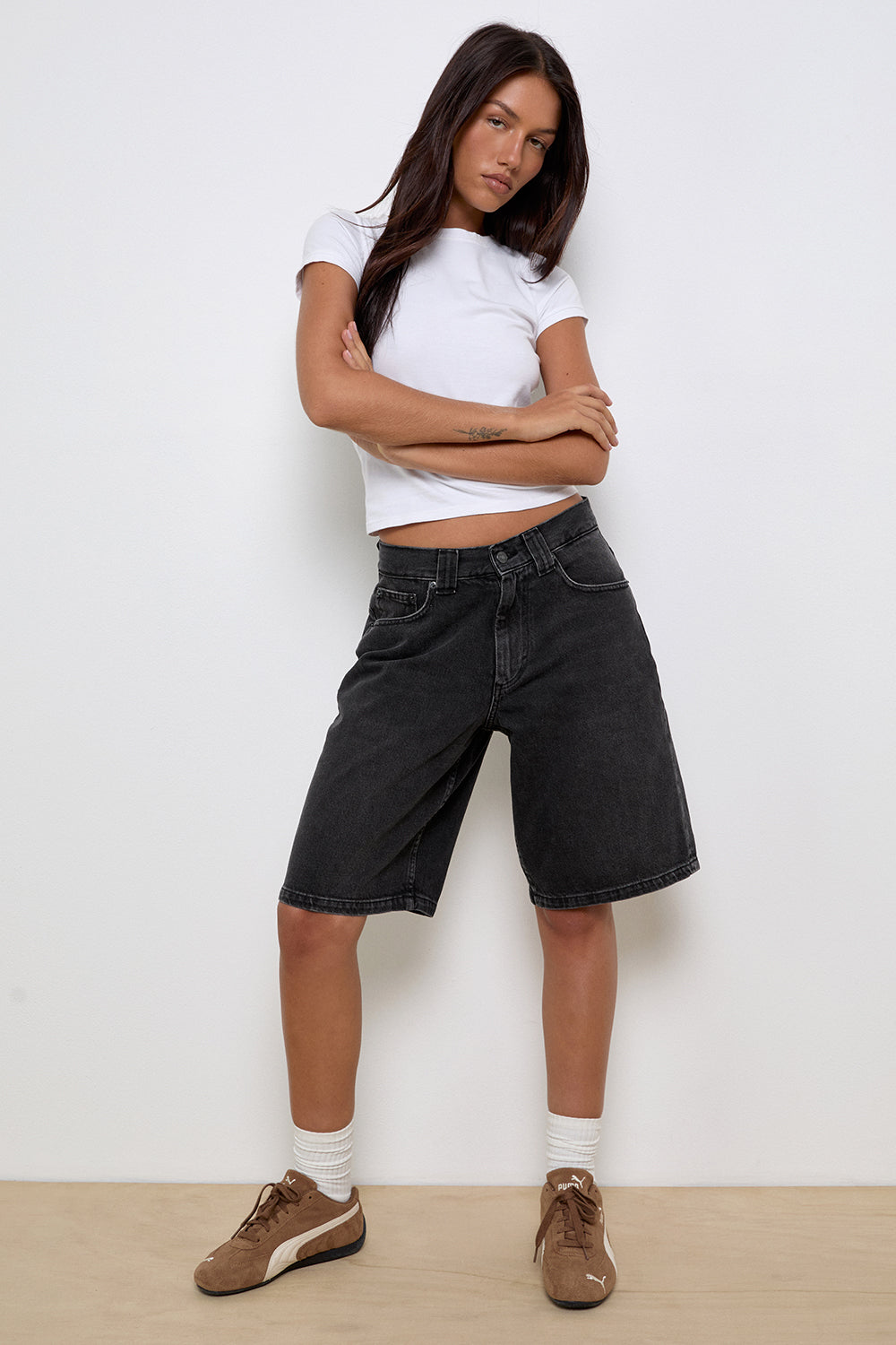 Low Rise Skater Shorts in Washed Black Grey Denim