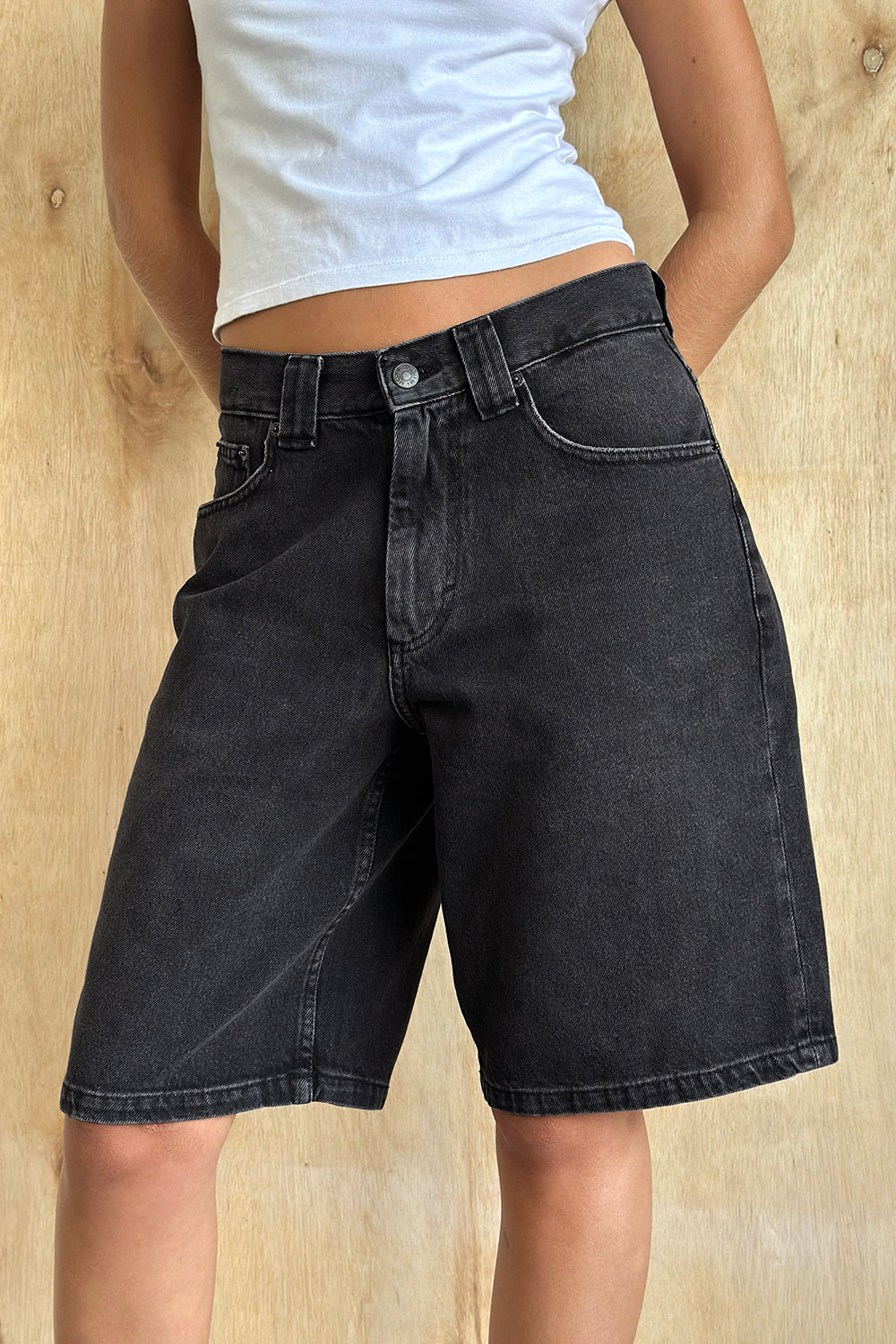 Image of Low Rise Skater Shorts in Washed Black Grey Denim