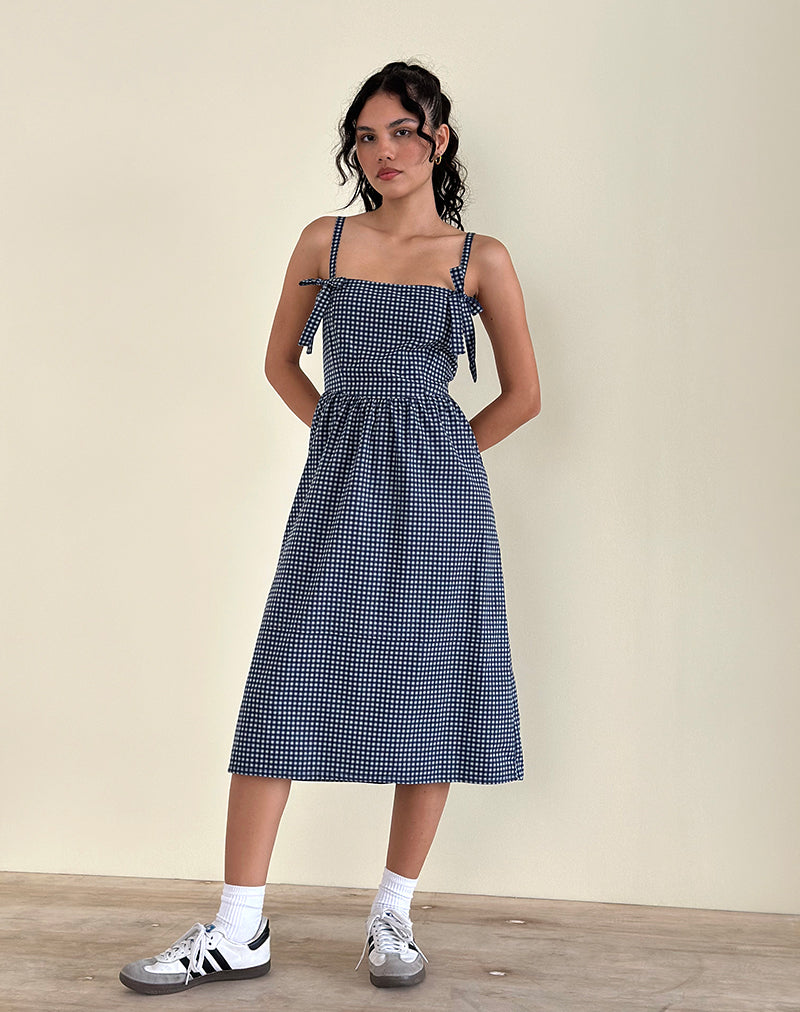 Image of Sloane Midi Dress in Mini Dark Blue Gingham