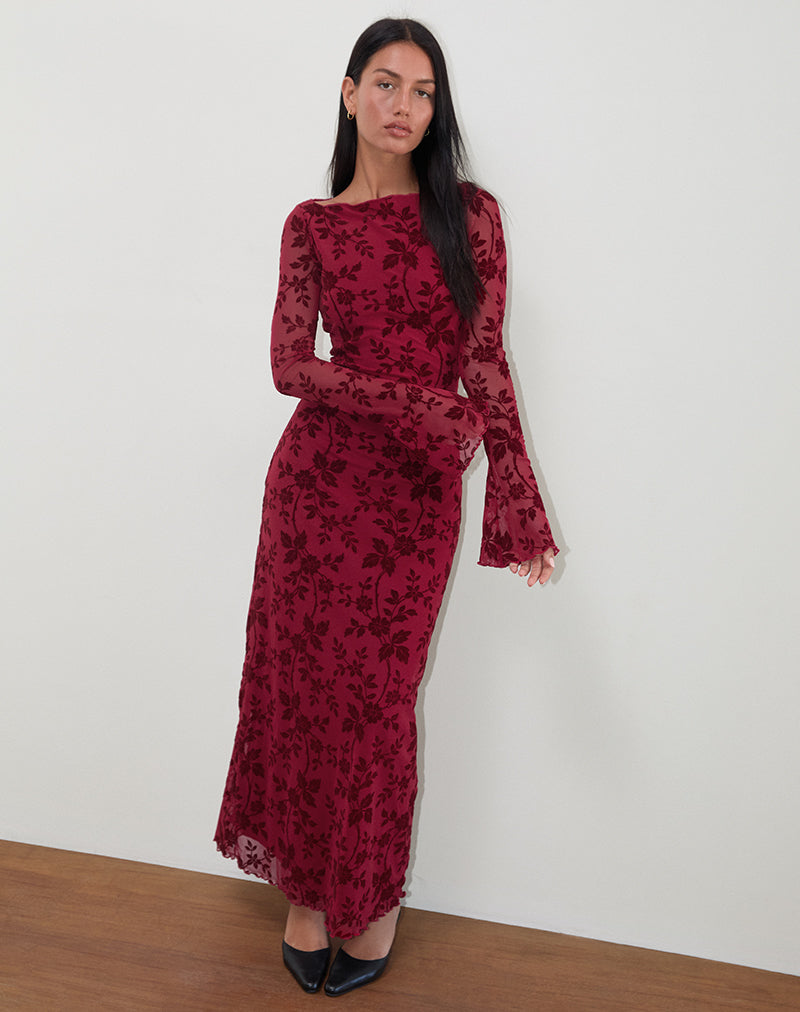 Image of Slokya Long Sleeve Maxi Dress in Vine Floral Flock Cherry