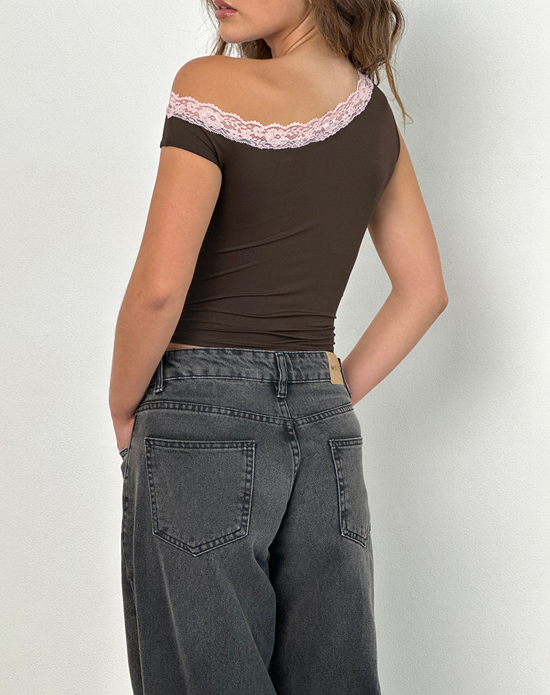 Image of Soleh One Shoulder Top in Brown Slinky with Pink Lace