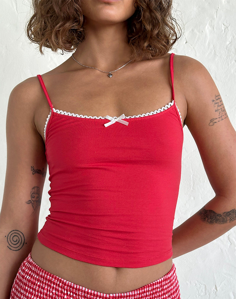 Suna Vest Top in Tango Red with Ivory Trim