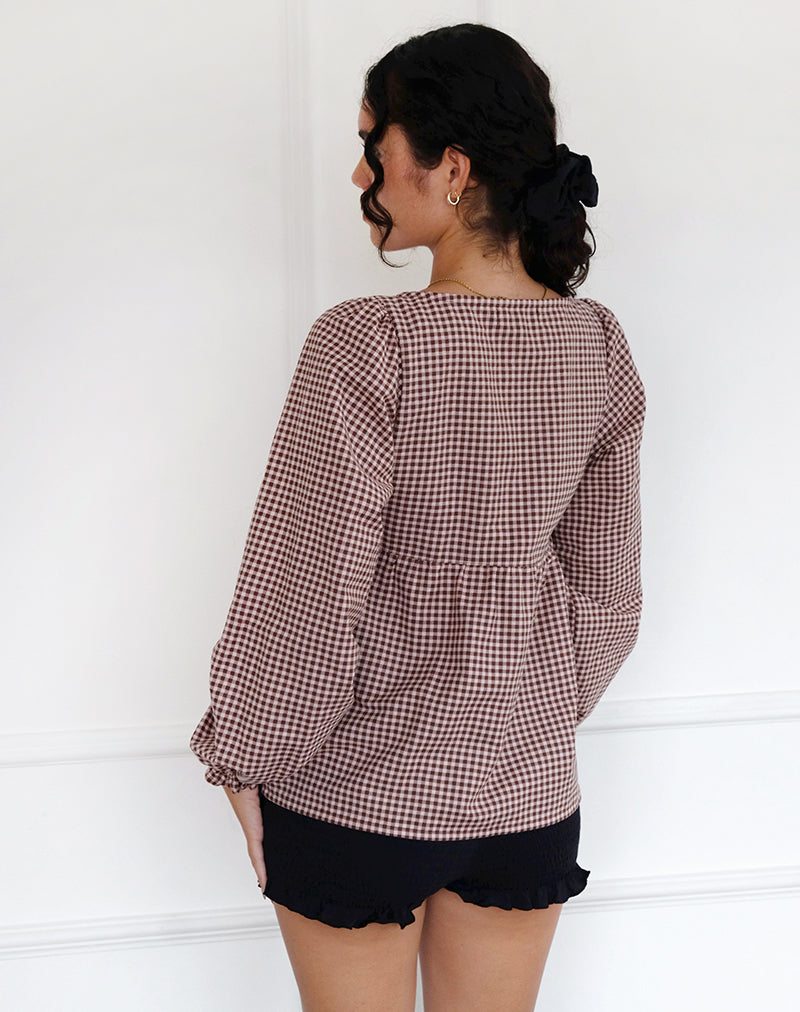 Image of Suzumi Wrap Blouse in Mini Gingham Brown