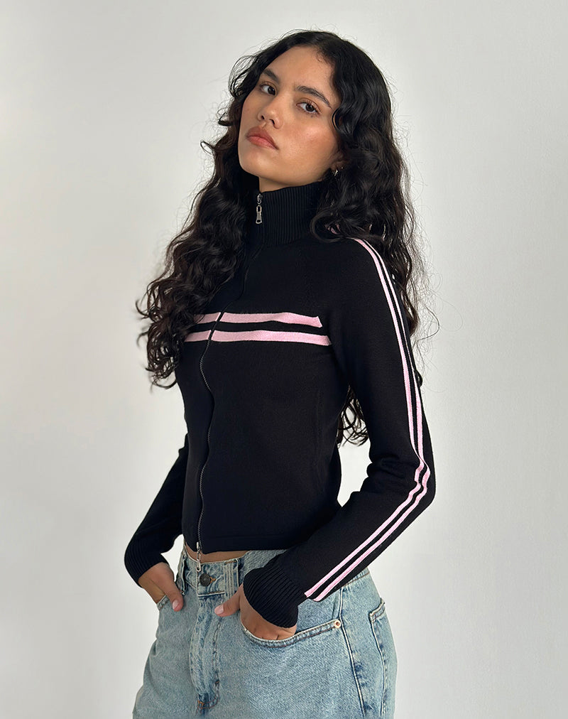 Image of Talisa Zip Through Jacket in Black with Pink Stripe