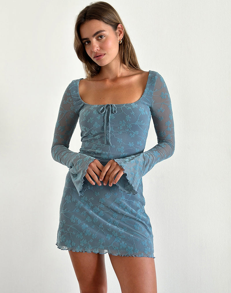 Image of Tatyana Mini Dress in Grunge Floral Blue Grey