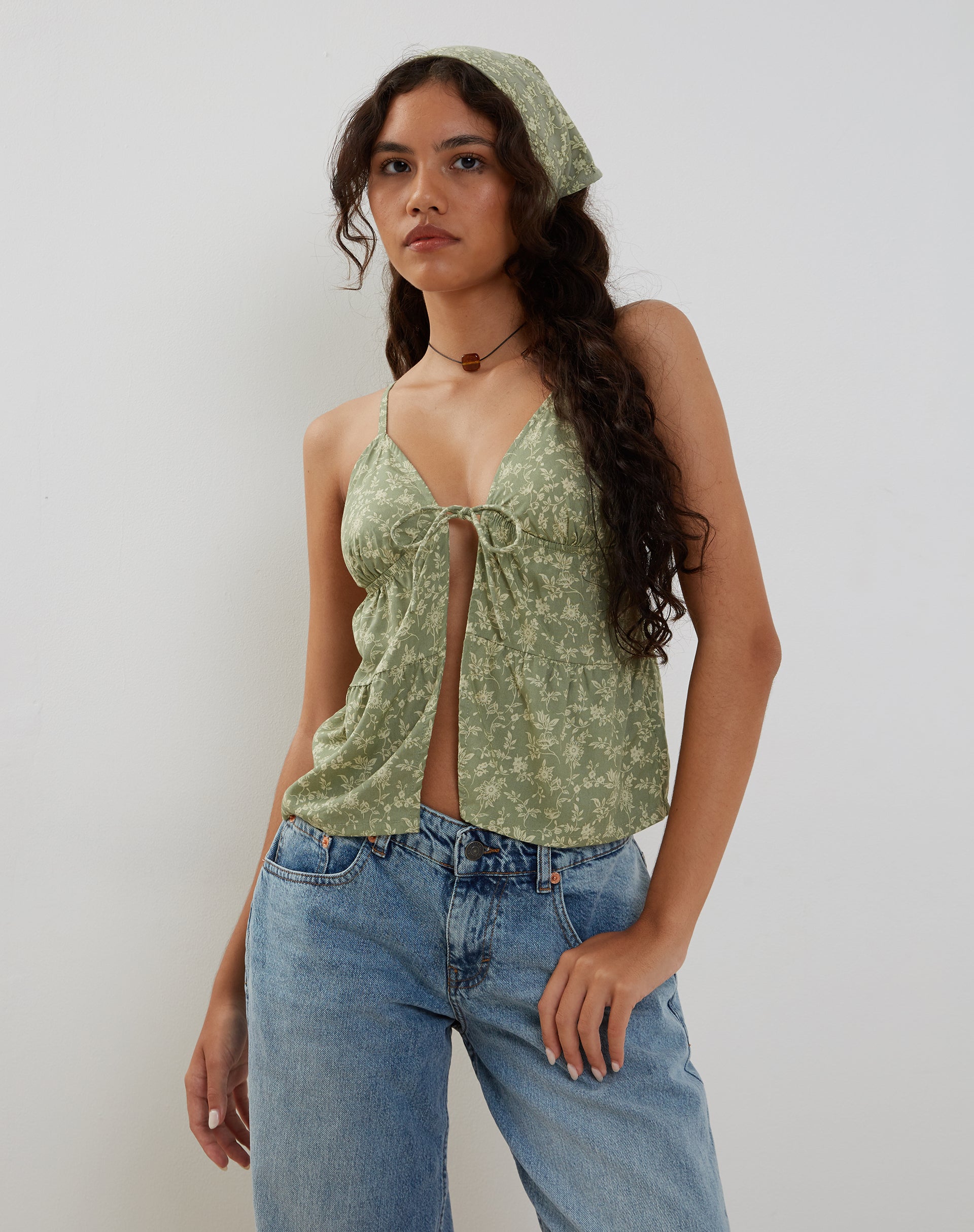 Ditsy Floral Green Tie Front Cami Top | Tezza – motelrocks.com