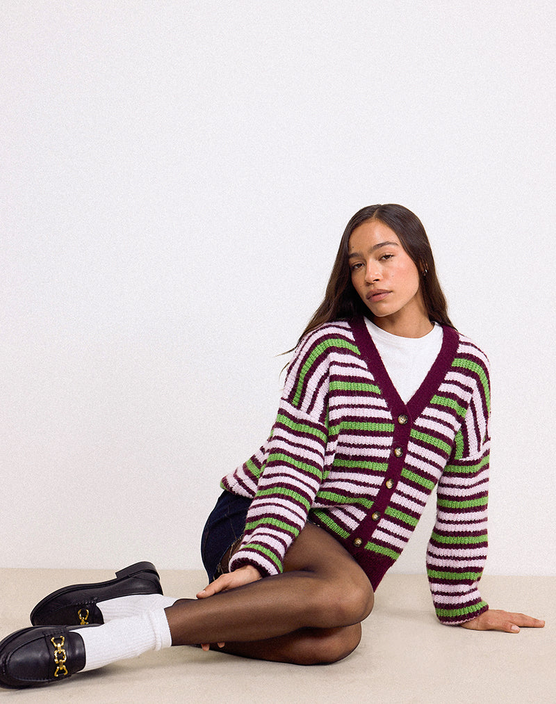 Uriela Cardigan in Green Pink and Burgundy Stripes