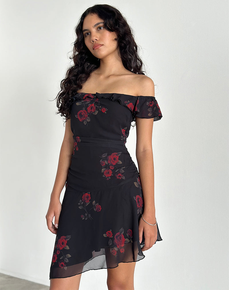 Ursula Bardot Mini Dress in Black Vintage Rose