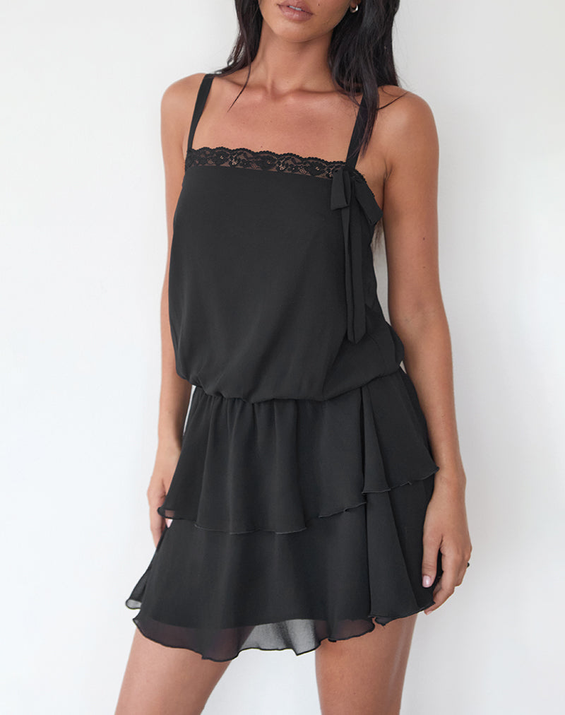 Image of Wasinah Mini Dress in Black Chiffon with Lace Trim