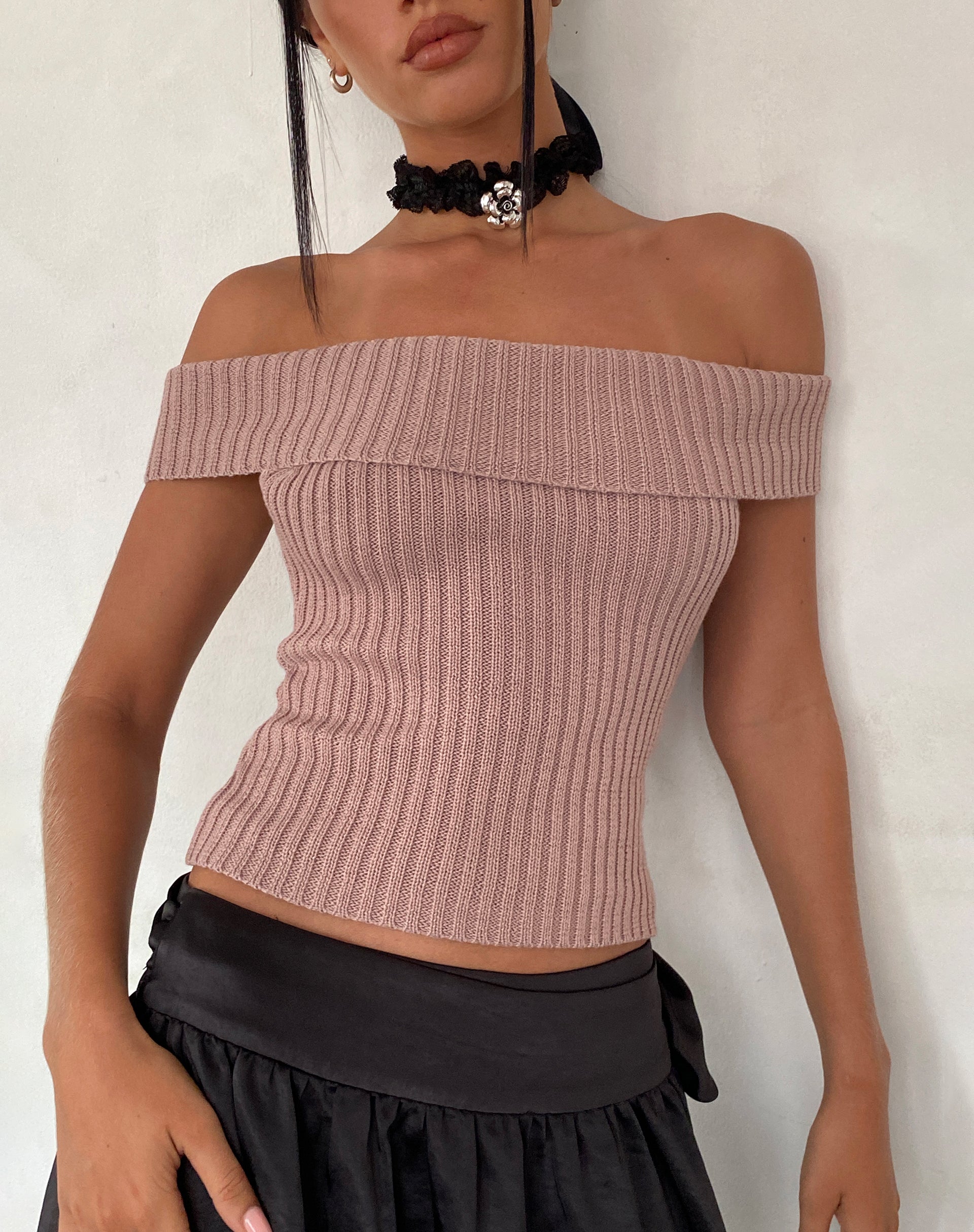 Image of Wilda Bardot Bow Back Top in Knit Blush