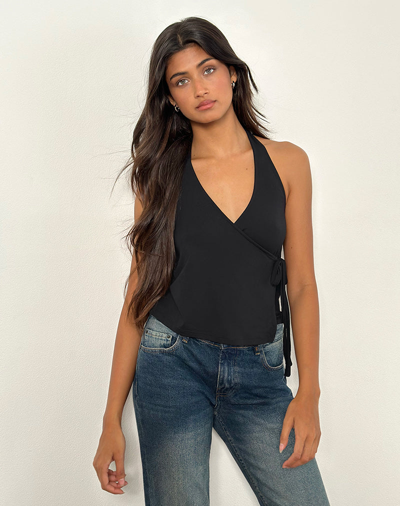 Image of Wisty Halter Neck Wrap Top in Jersey Black