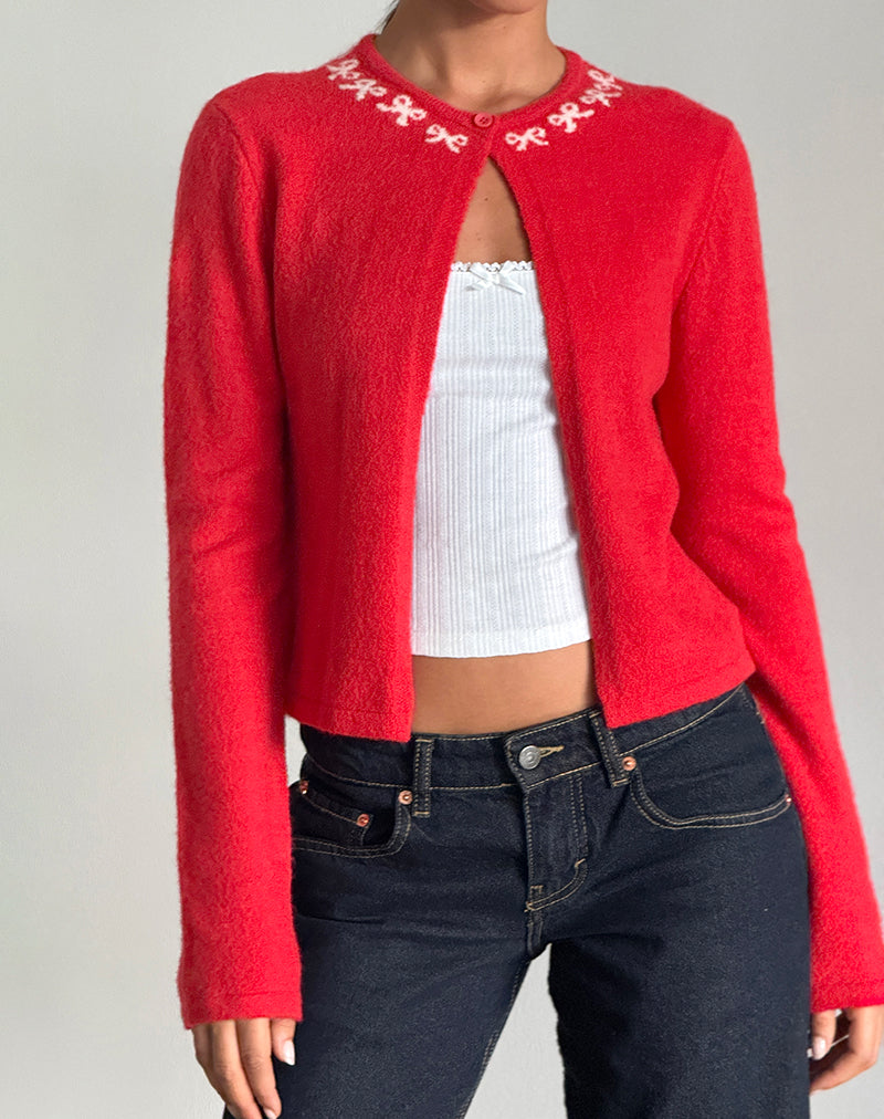 Wunara Cardigan in Red with Pink Bows