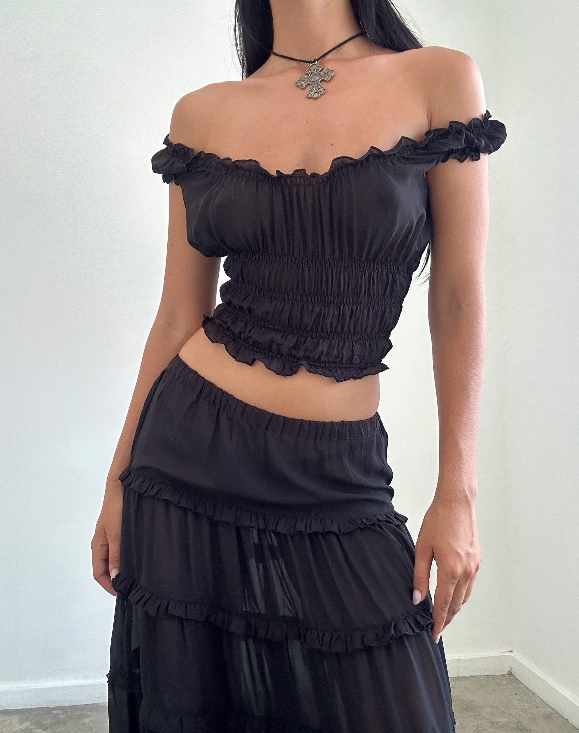 Black shirred cheap bardot top