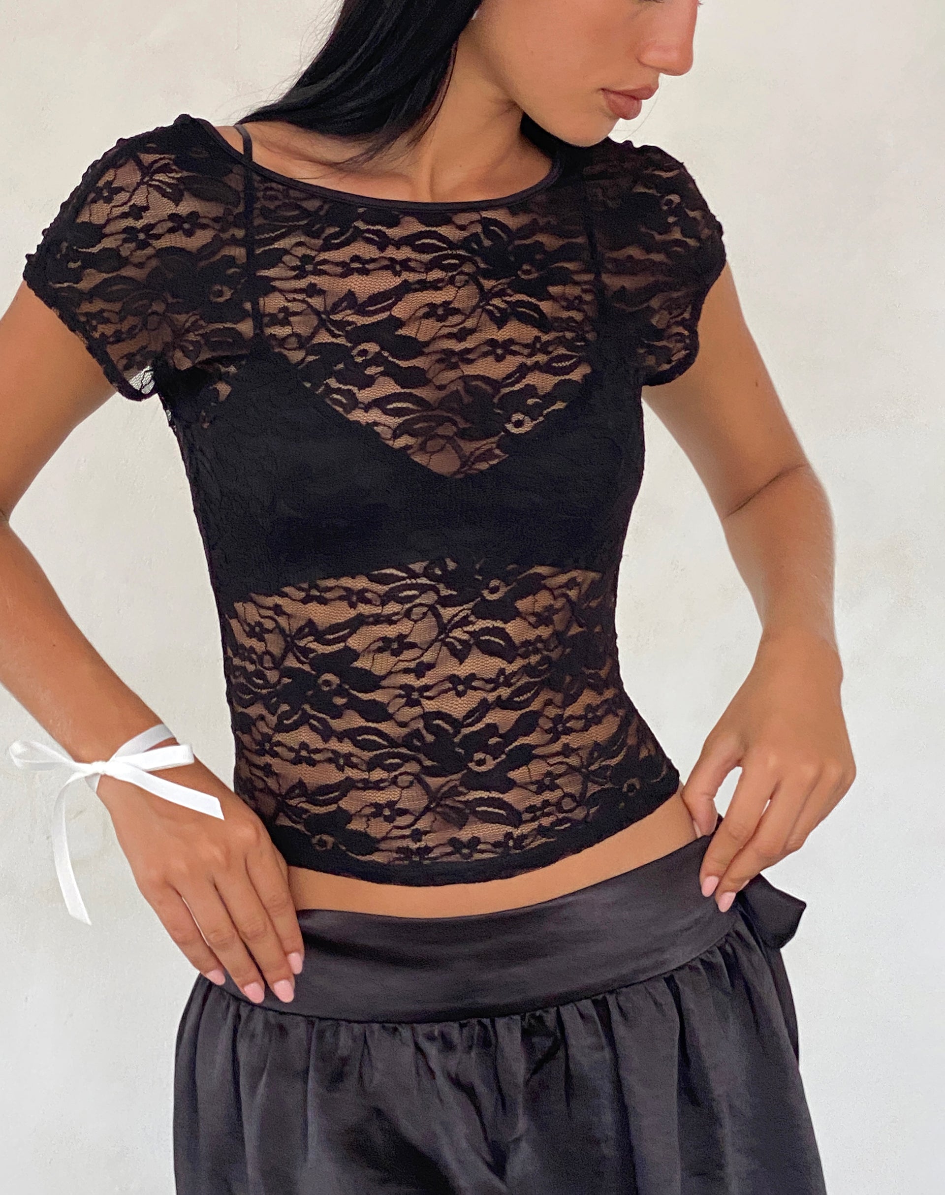 Black lace blouse short sleeve best sale