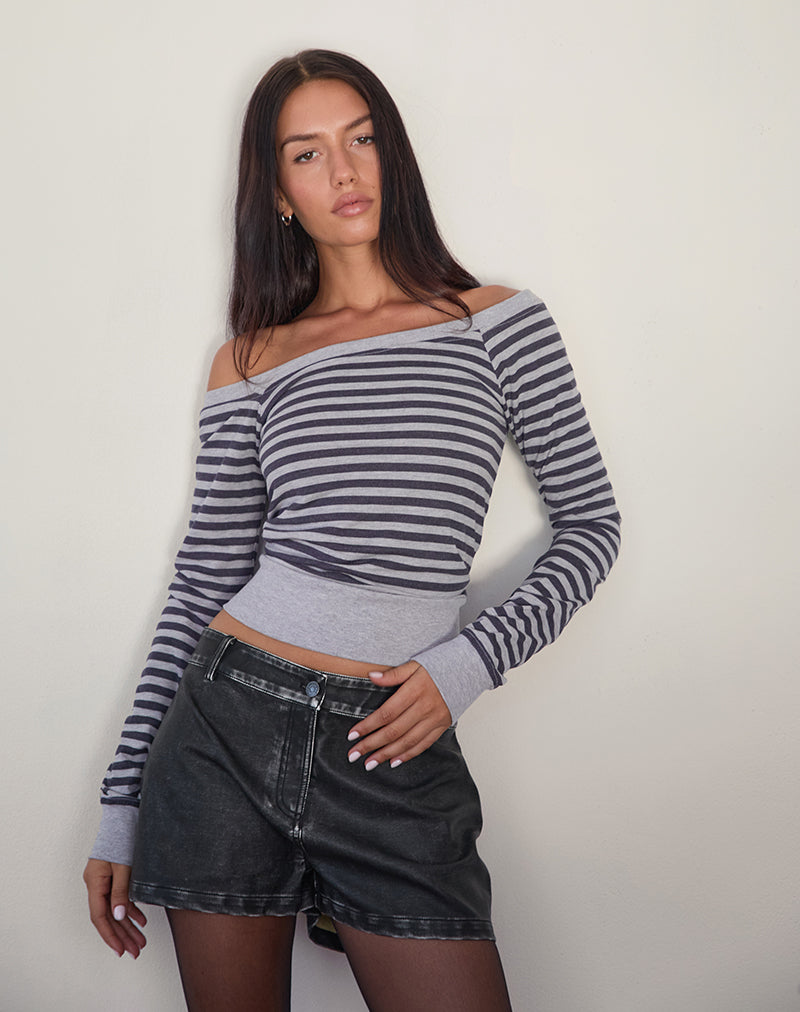 Yacin Slouchy Top in Grey and Black Stripe