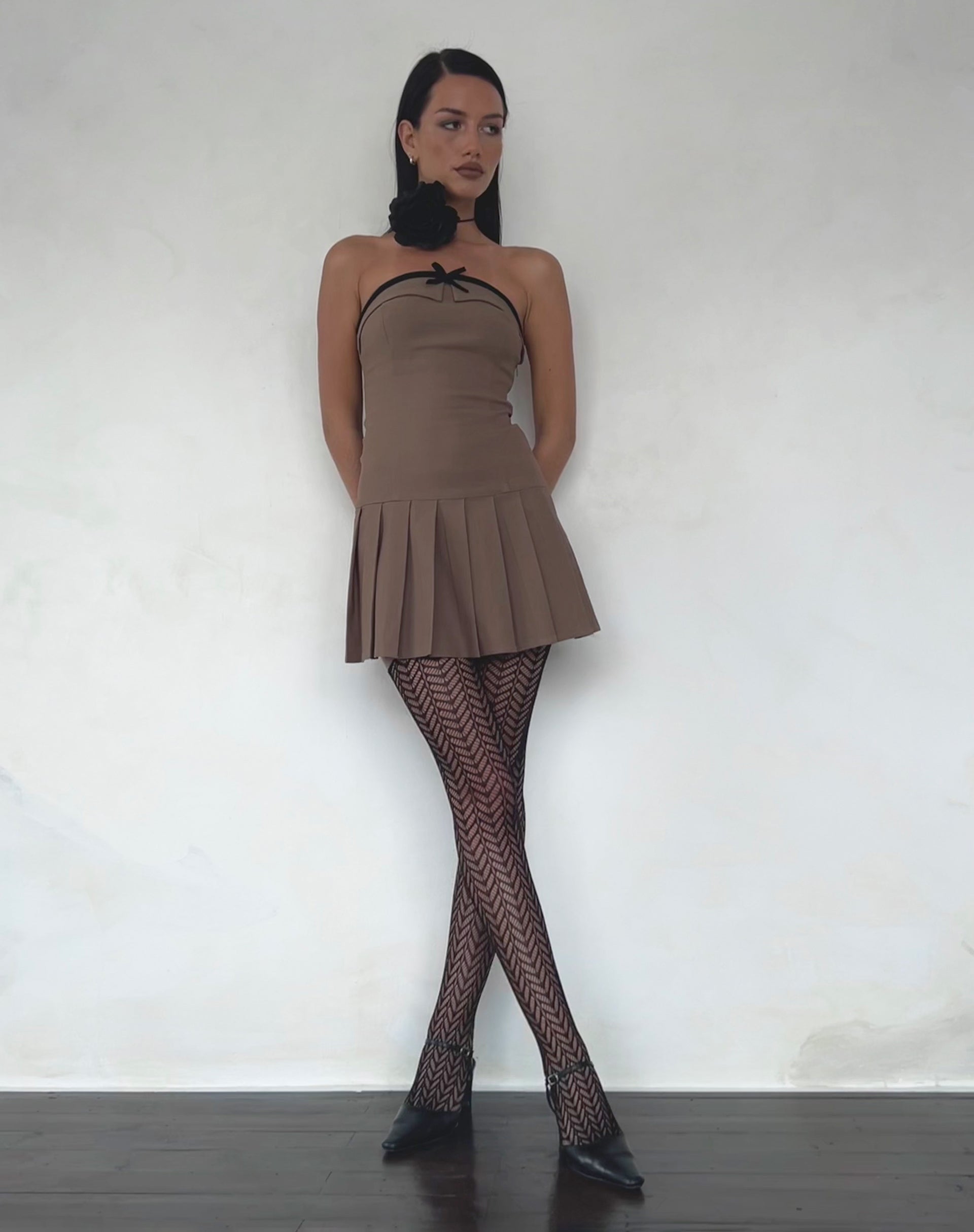Brown Tailoring Bandeau Pleated Skirt Mini Dress | Yalua – motelrocks.com