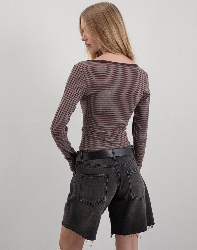 Image of Yusi Long Sleeve Top in Brown and Grey Stripe