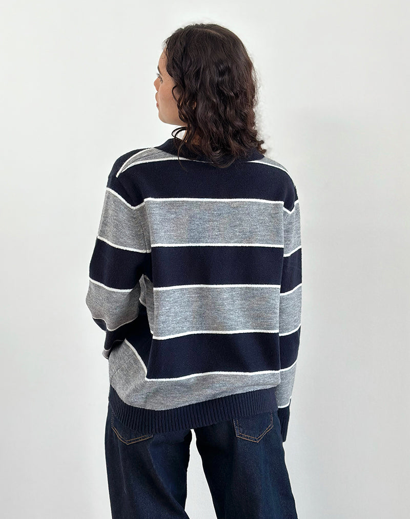 Image of Yusnada Oversized Rugby Jumper in Navy and Grey Stripe