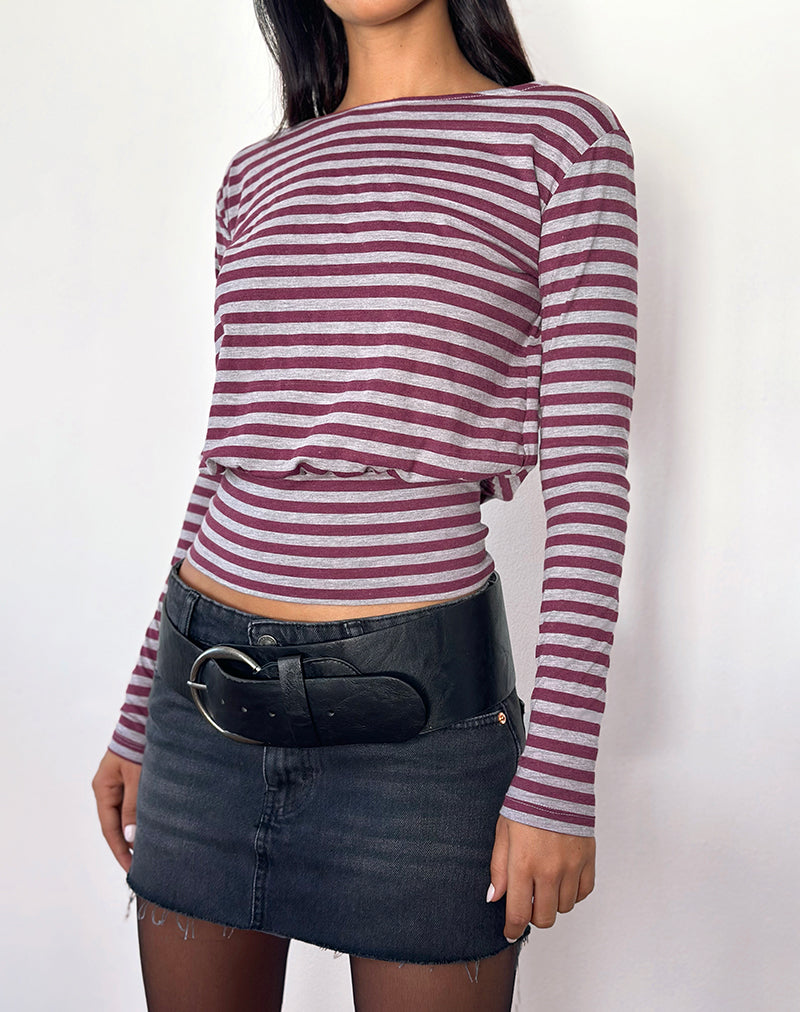 Image of Zahir Long Sleeve Top in Burgundy and Grey Stripe