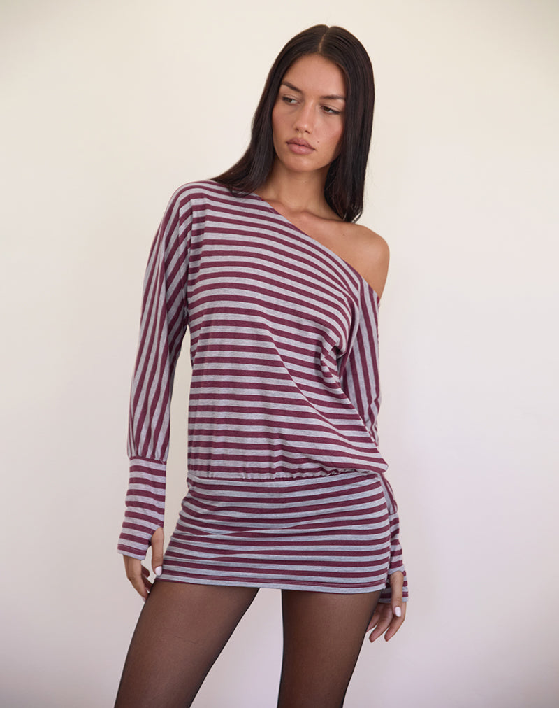 Image of Zylina Mini Dress in Burgundy and Grey Classic Stripe