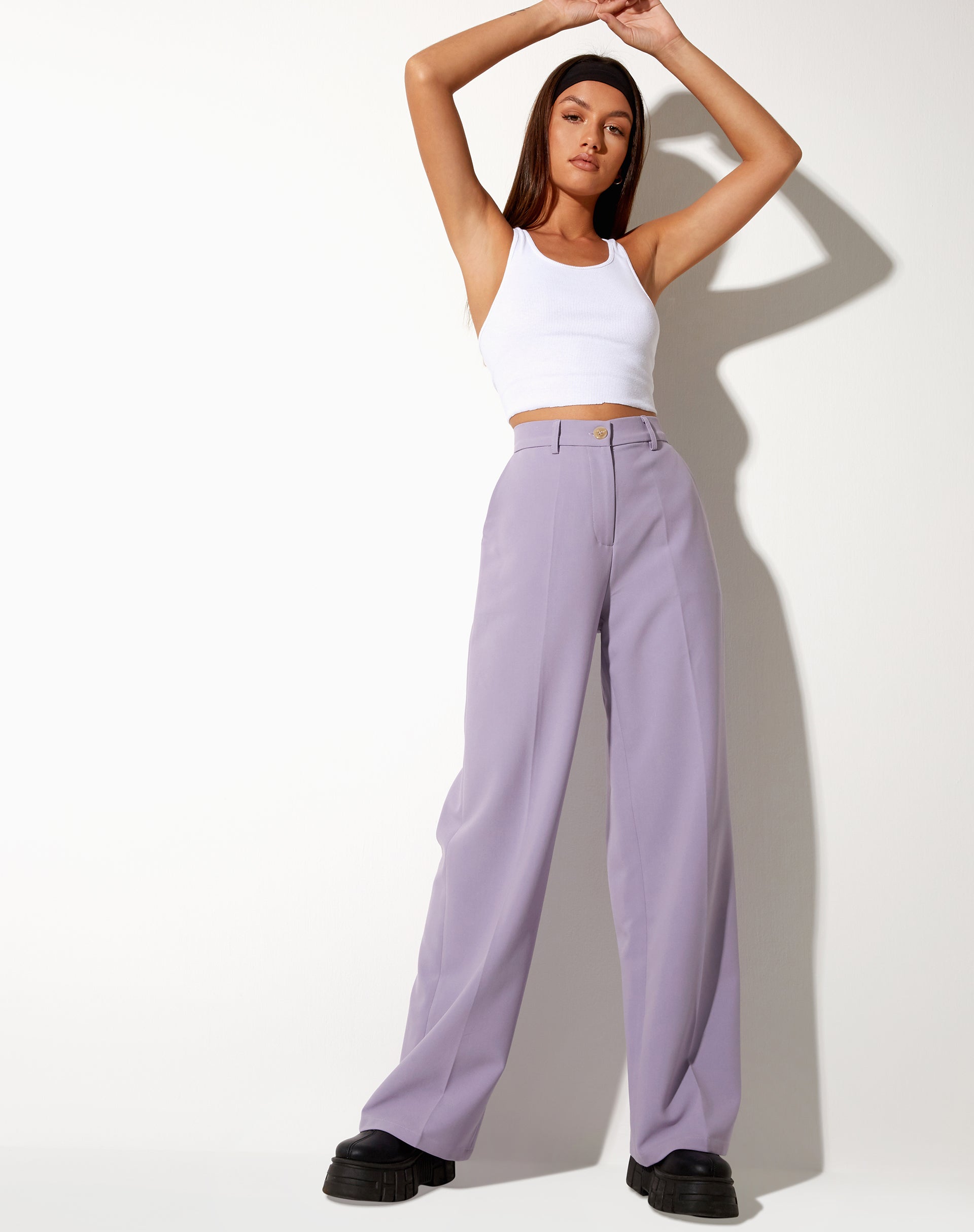 Purple flat-front stretch essential Wide leg Pants | Sumissura