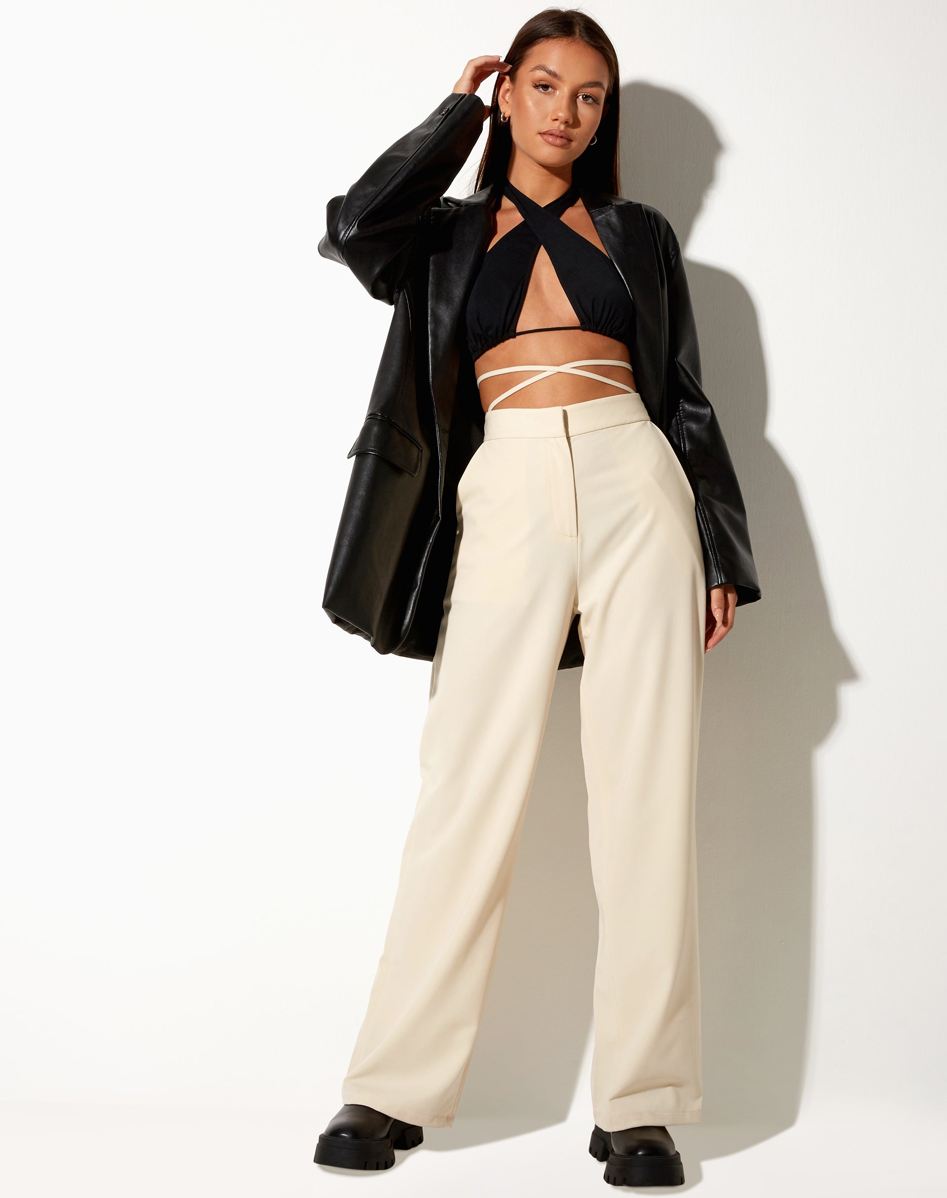Leather Wide Leg Trousers in Cream – Chi Chi London