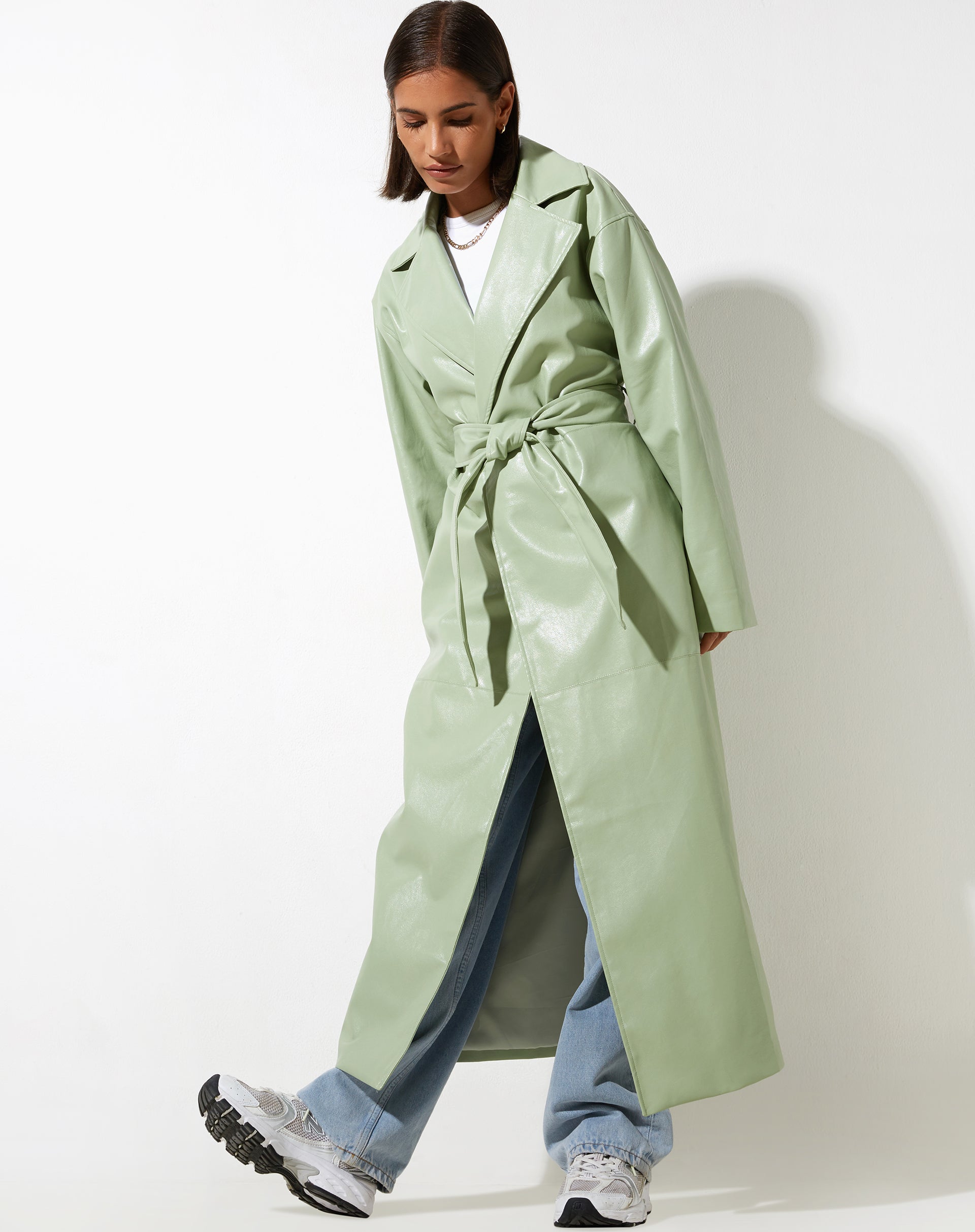 PU Mint Long Line Button Up Front Long Sleeve Trench Coat | Ejo