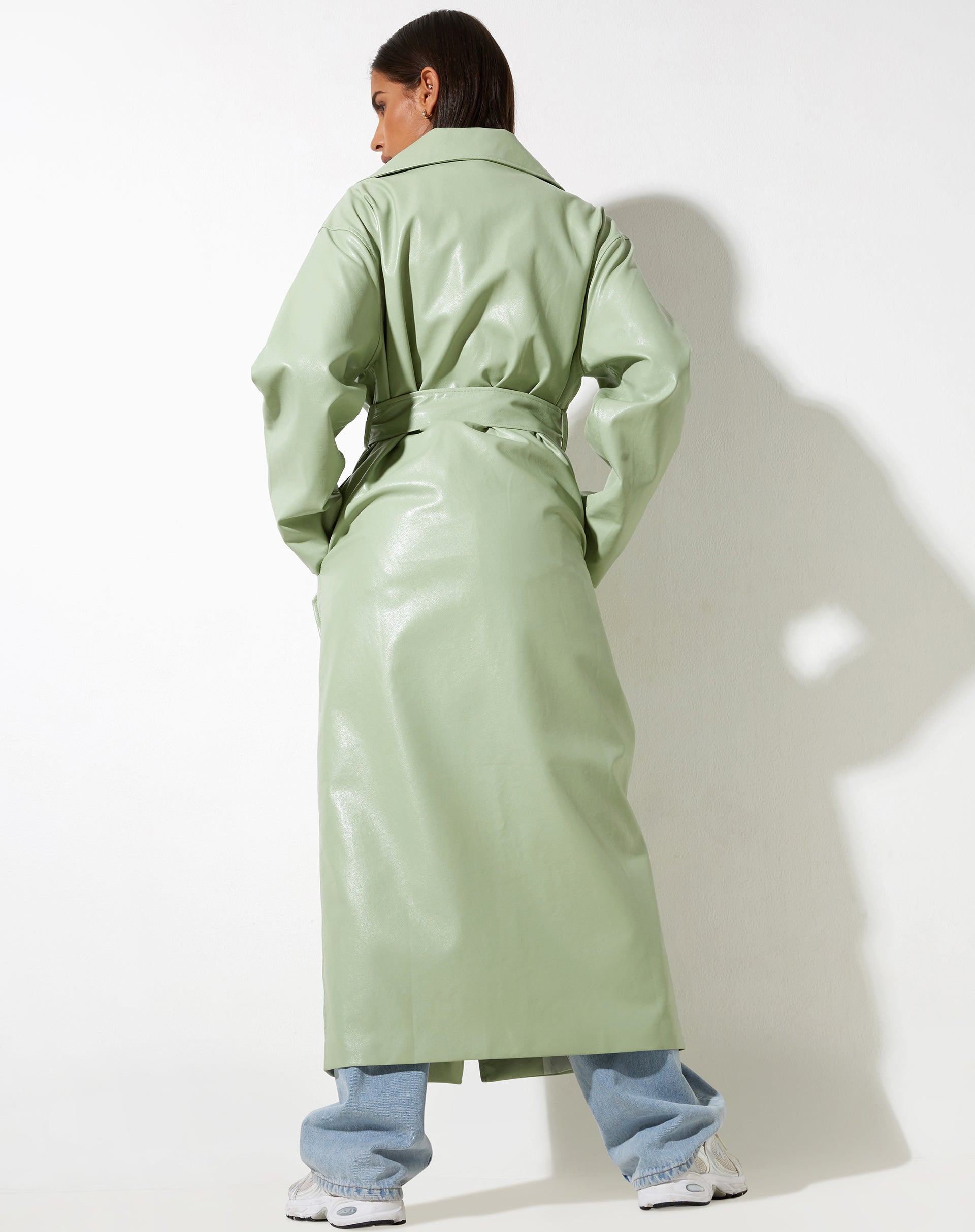 PU Mint Long Line Button Up Front Long Sleeve Trench Coat | Ejo