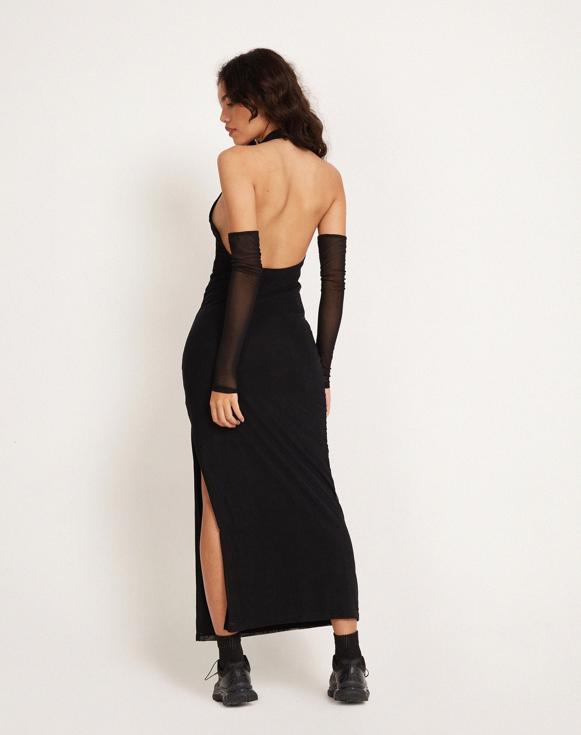 Asmala Halterneck Maxi Dress and Sleeve Set in Black Mesh