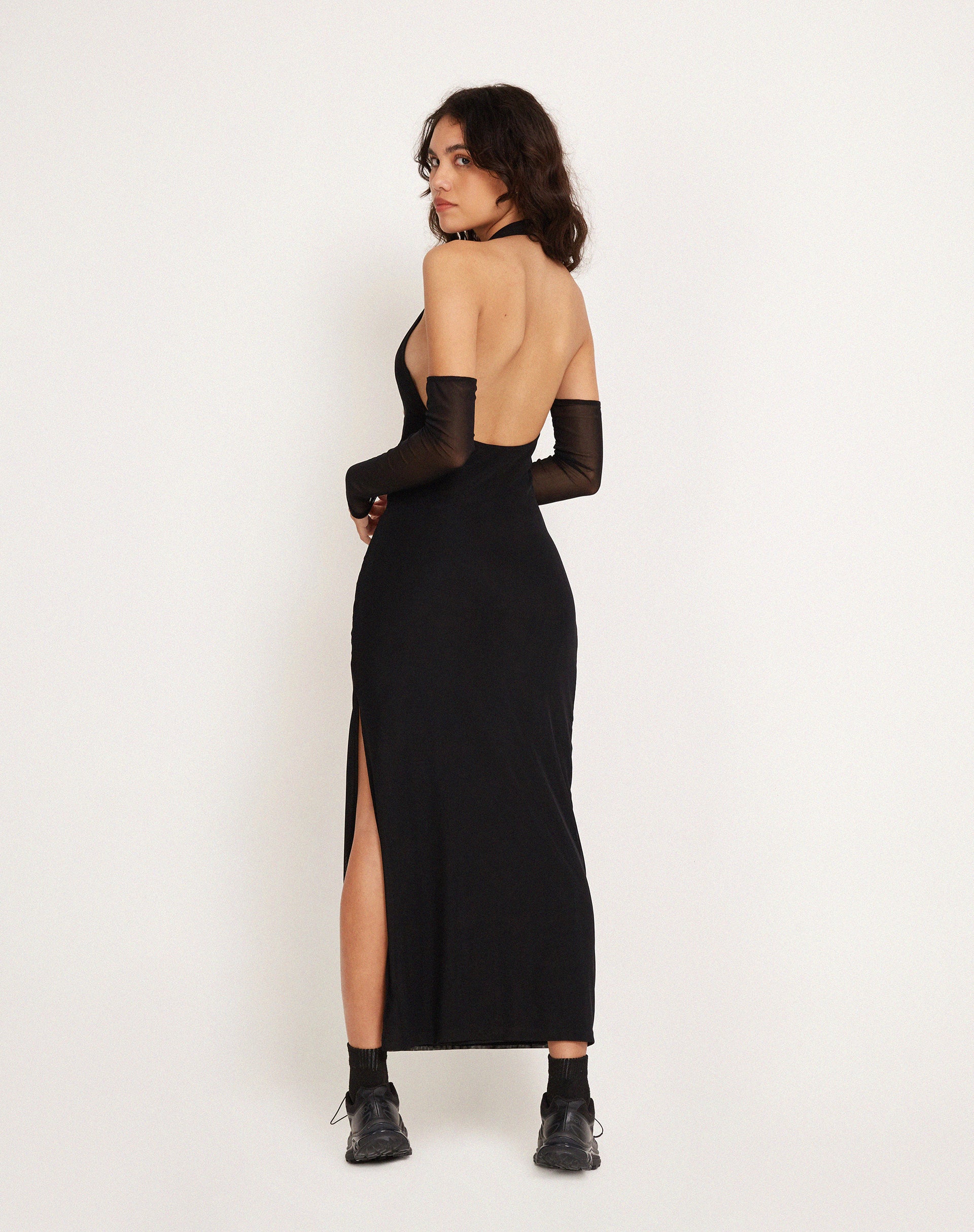 Asmala Halterneck Maxi Dress and Sleeve Set in Black Mesh