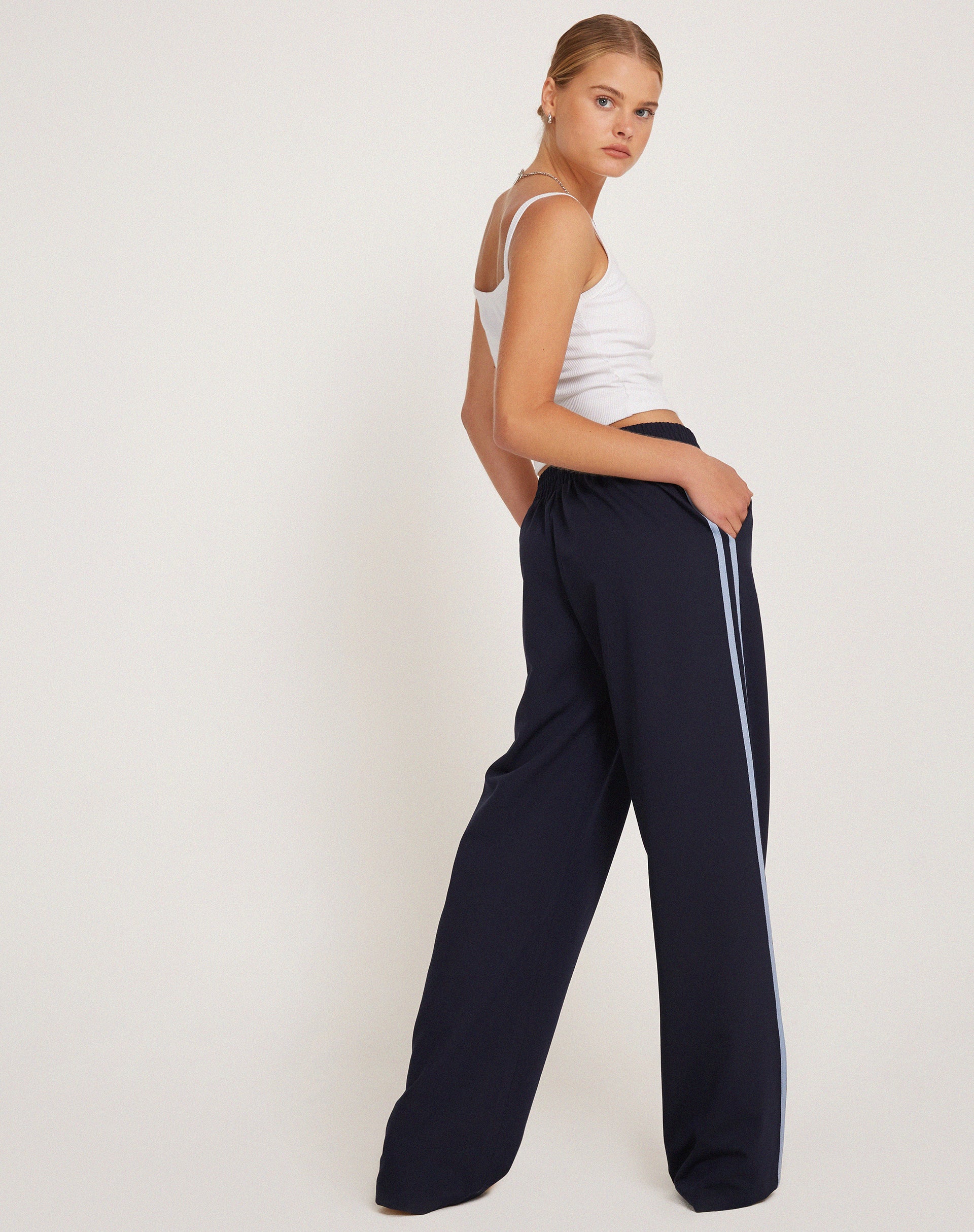 Navy side stripe on sale trousers