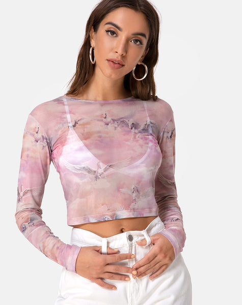 Longsleeve Pink Pegagus Print Crop Top | Bonnie – motelrocks.com