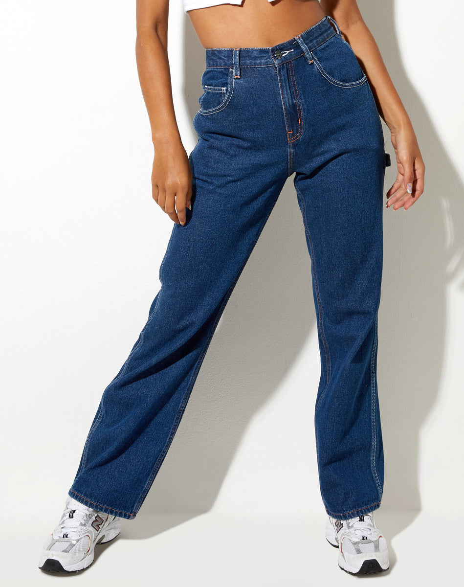 Dark Blue High Waisted Straight Wide Leg Jeans | Carpenter – motelrocks.com