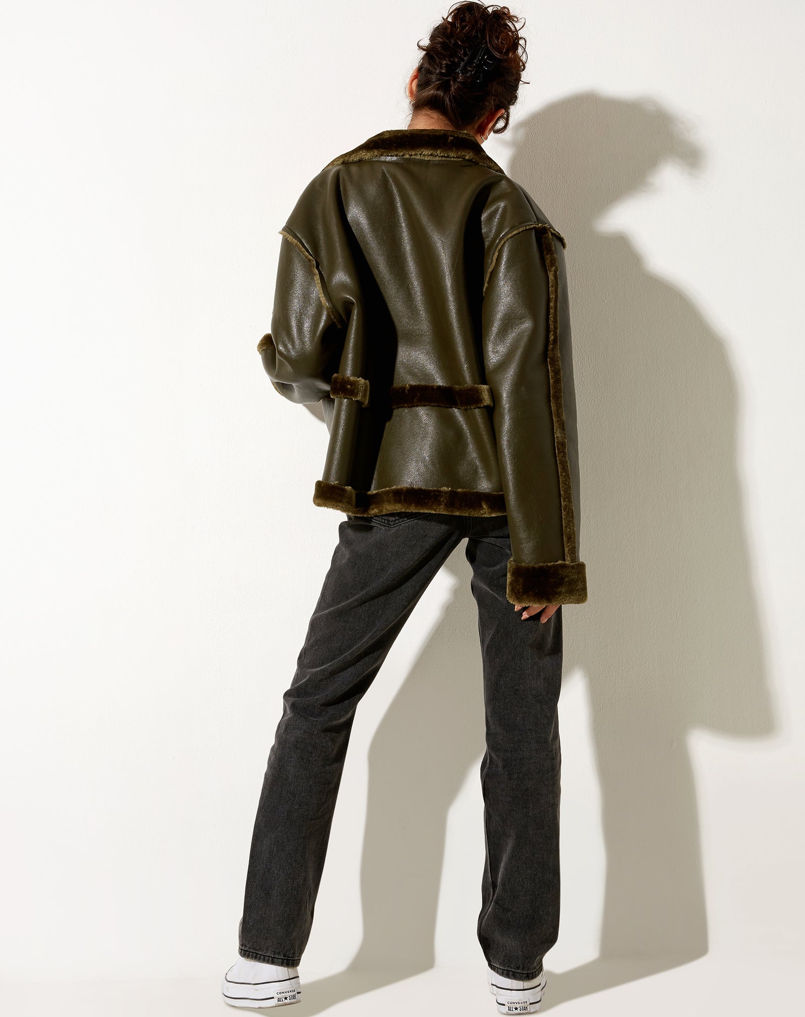 Long Sleeve Olive Green Fur Button Up Jacket | Dagna – motelrocks.com