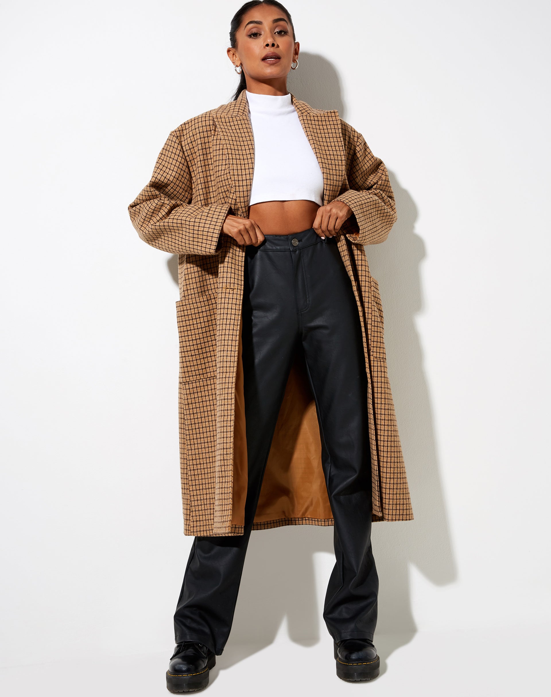 Duster Coat in Houndstooth Brown Check